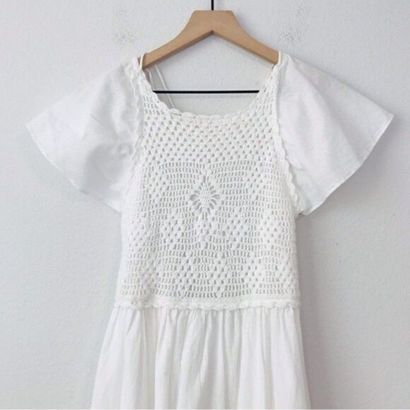 New! Zara Linen Crochet Bohemian Open Back Tiered Ruffle Sleeve White Maxi Dress - Picture 6 of 13